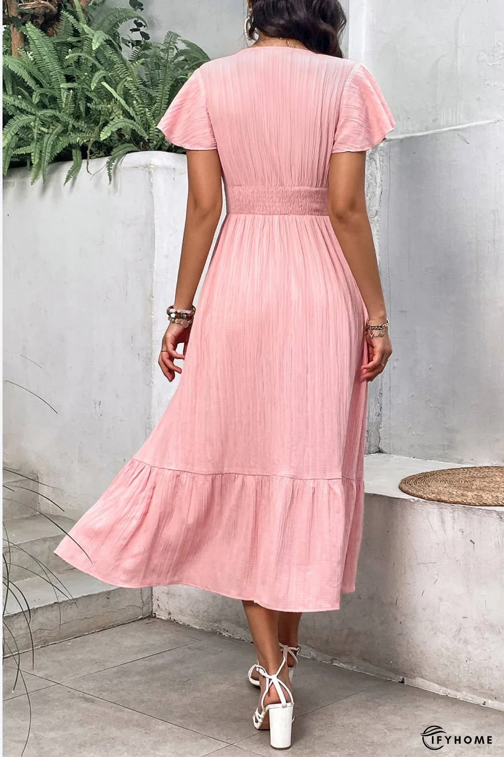Surplice Neck Smocked Waist Flutter Sleeve Dress | IFYHOME