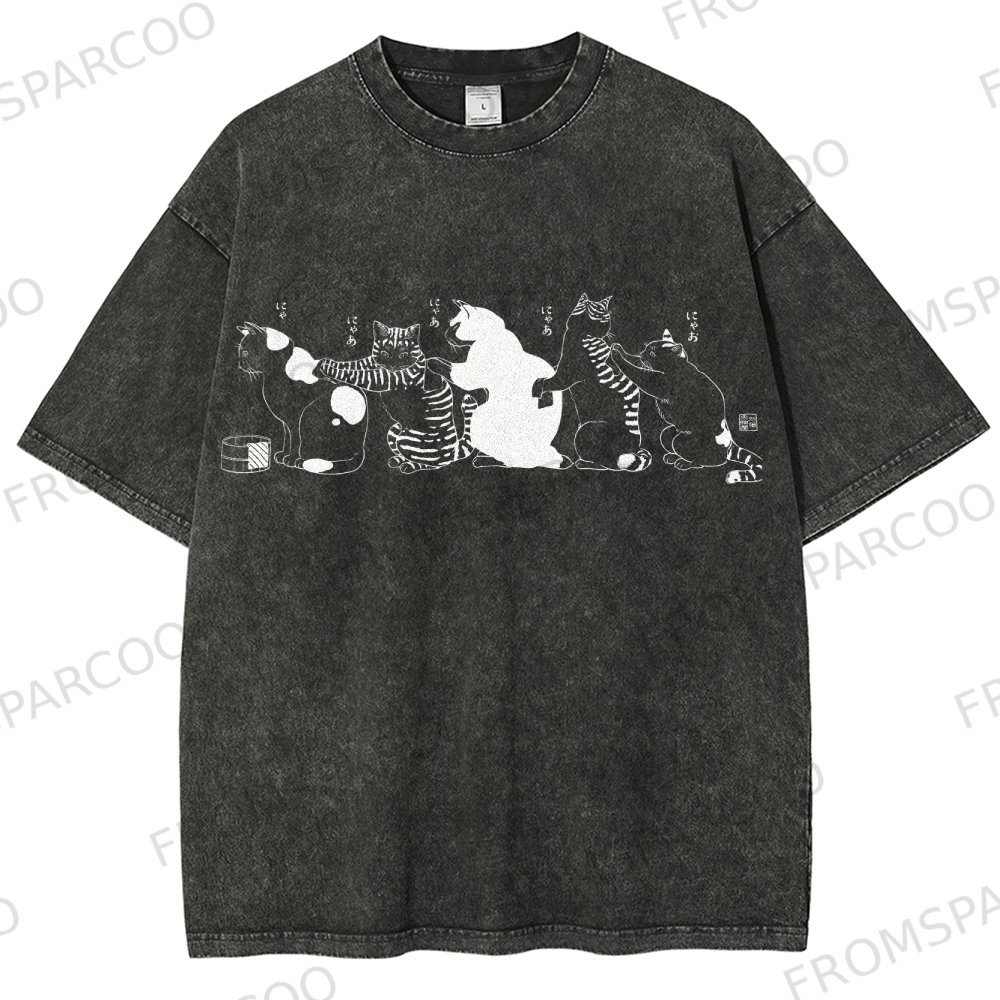 Bath Cat Washed Vintage Short Sleeves T-Shirt