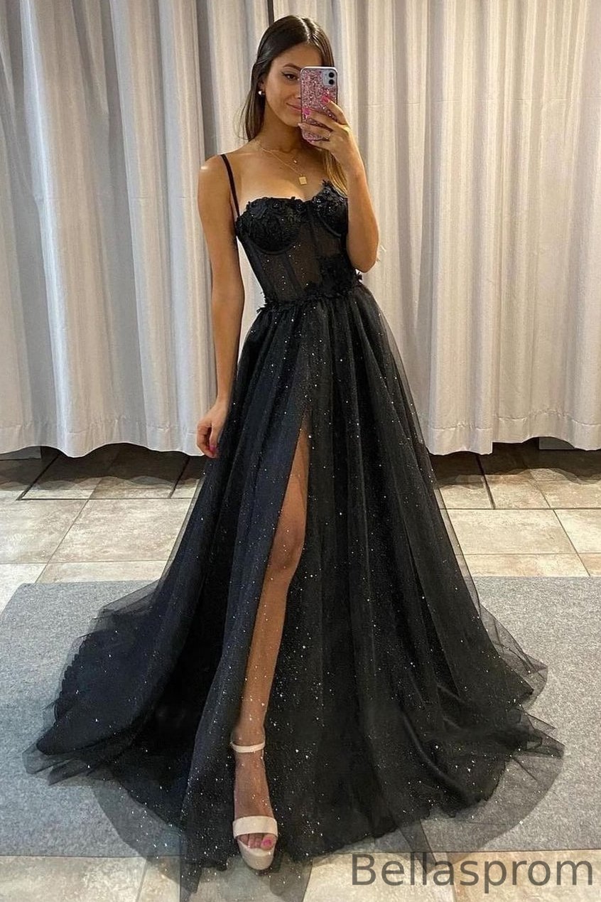 Bellasprom Black Spaghetti-Straps Prom Dress Tulle Sleeveless Long With Split Bellasprom