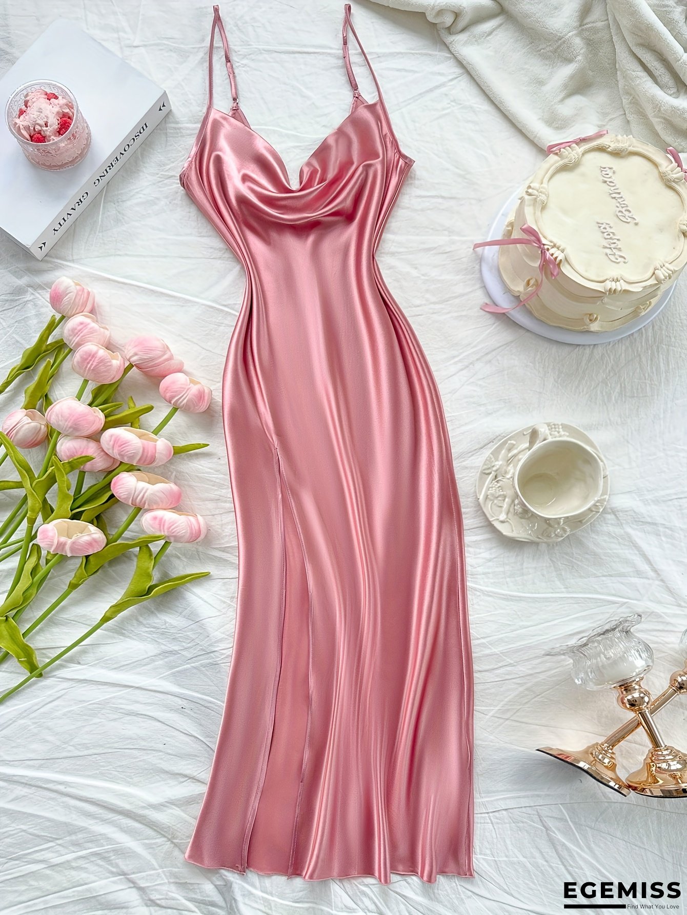 Elegant Pink Satin Maxi Dress With V-Neck And Backless Design - Sleeveless, Flowing Silhouette, Perfect For Adult Women, All-Season Wear, Adult Evening Wear | Vneck Dress | Satin Finish, Cute Dresses | EGEMISS