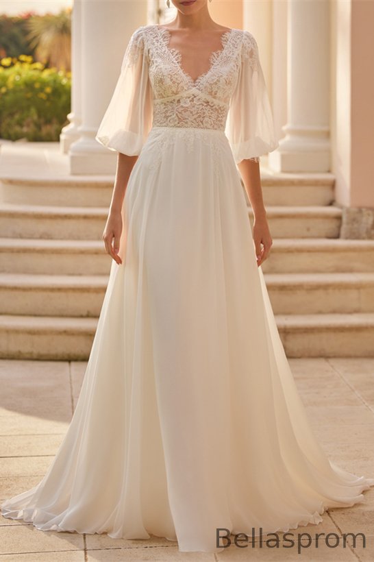 Bellasprom Half Bubble Sleeves V-Neck Chiffon Wedding Dress With Lace Online Bellasprom