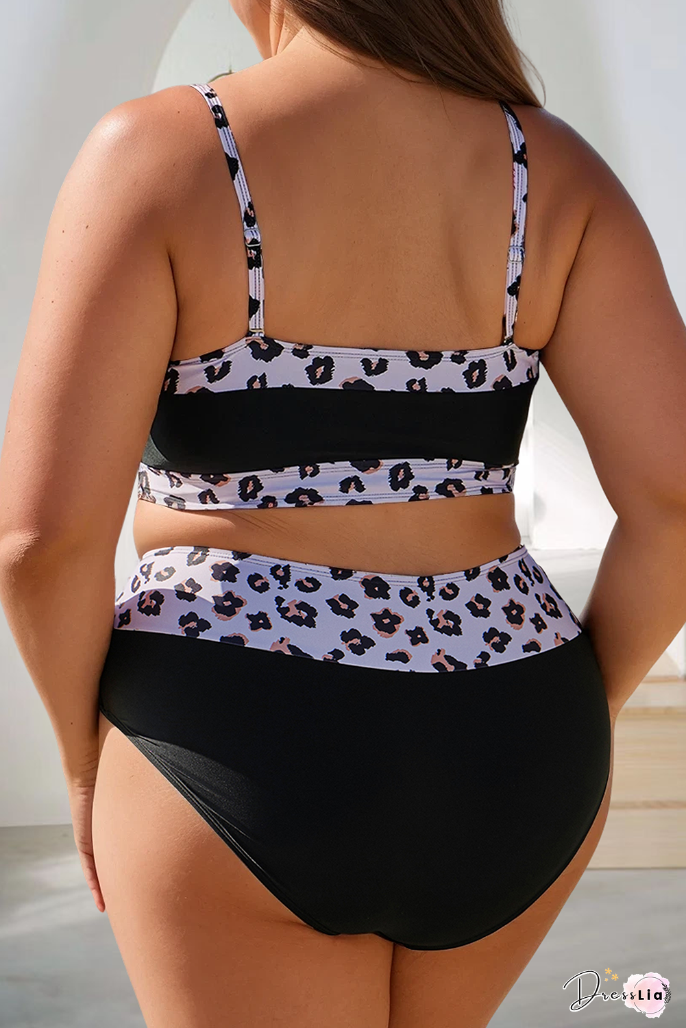 Plus Size 2pcs Leopard Patchwork High Waisted Swimsuit