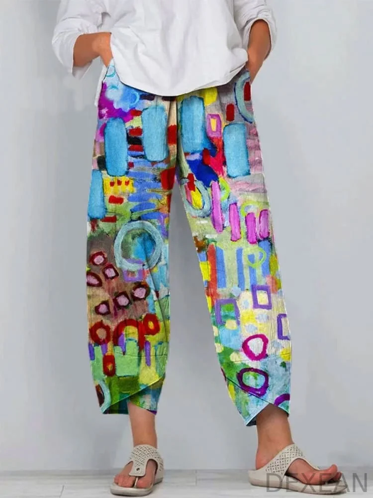 Colorful Abstract Painting Printed Women's Cotton And Linen Casual Pants