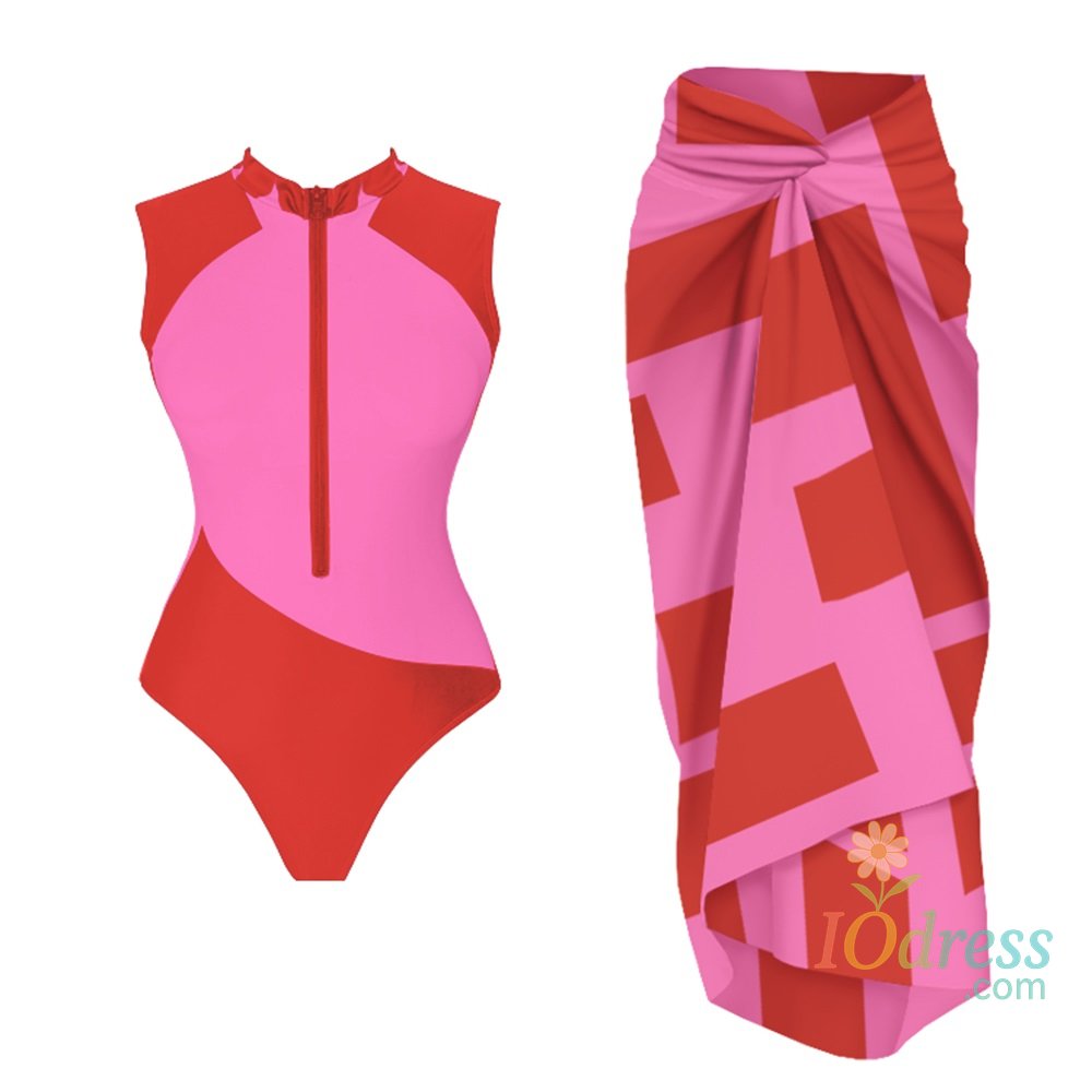 IO Dress Red Pink Long Sleeve Swimsuit With Cover Up Sexy Swimwear Women Patchwork Swim Suit Surf Bathingsuit Sliming Bodysuit Beachwear