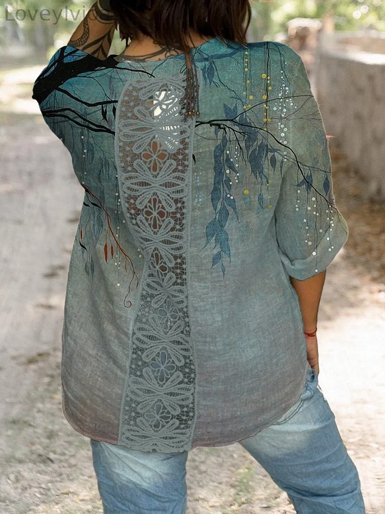 The Willow Tree And The Quiet Creek Art Printed Women's Casual Cotton And Linen Shirt