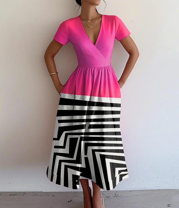 Retro Elegant Abstract Geometric Print V-Neck Short Sleeve Dress