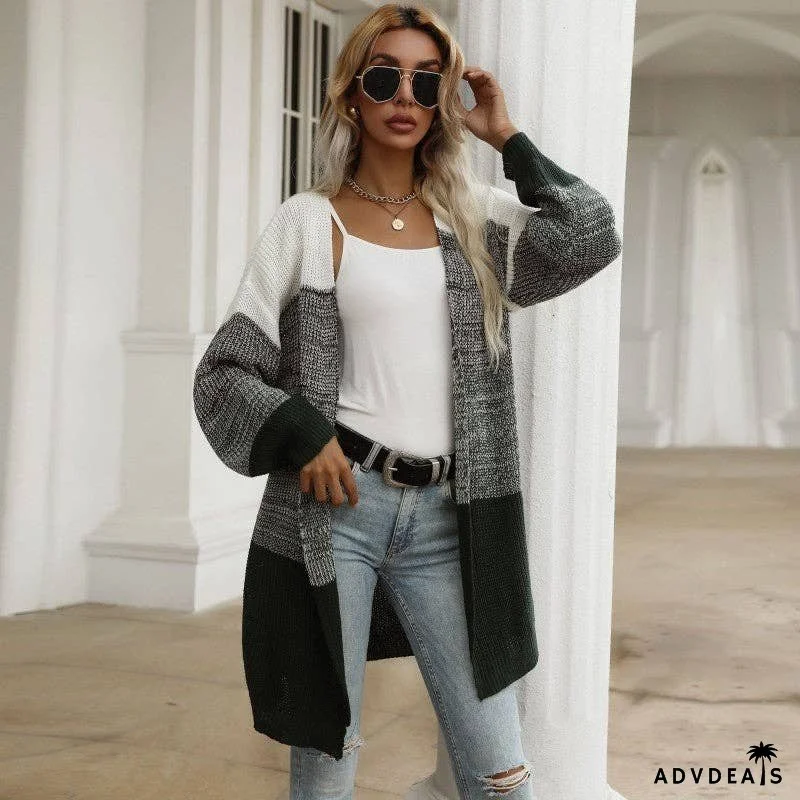 Lantern Sleeve Color Block V-Neck Knitted Sweater Jacket