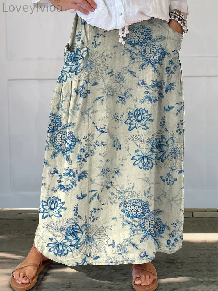 Women's Retro Floral Art Linen Pocket Skirt
