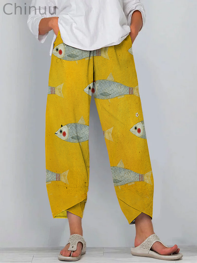 Japanese Yellow Sardine Art Print Cropped Pants