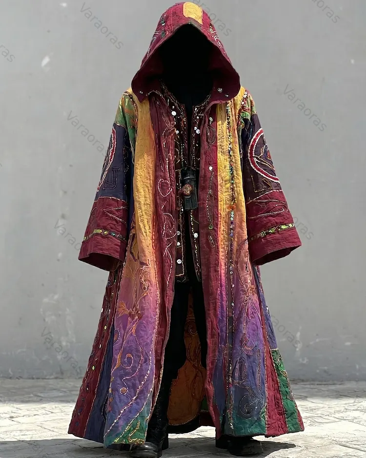 Men's Summer Fashion Boho-Style Patchwork Embroidered Linen Hooded Cape 2955