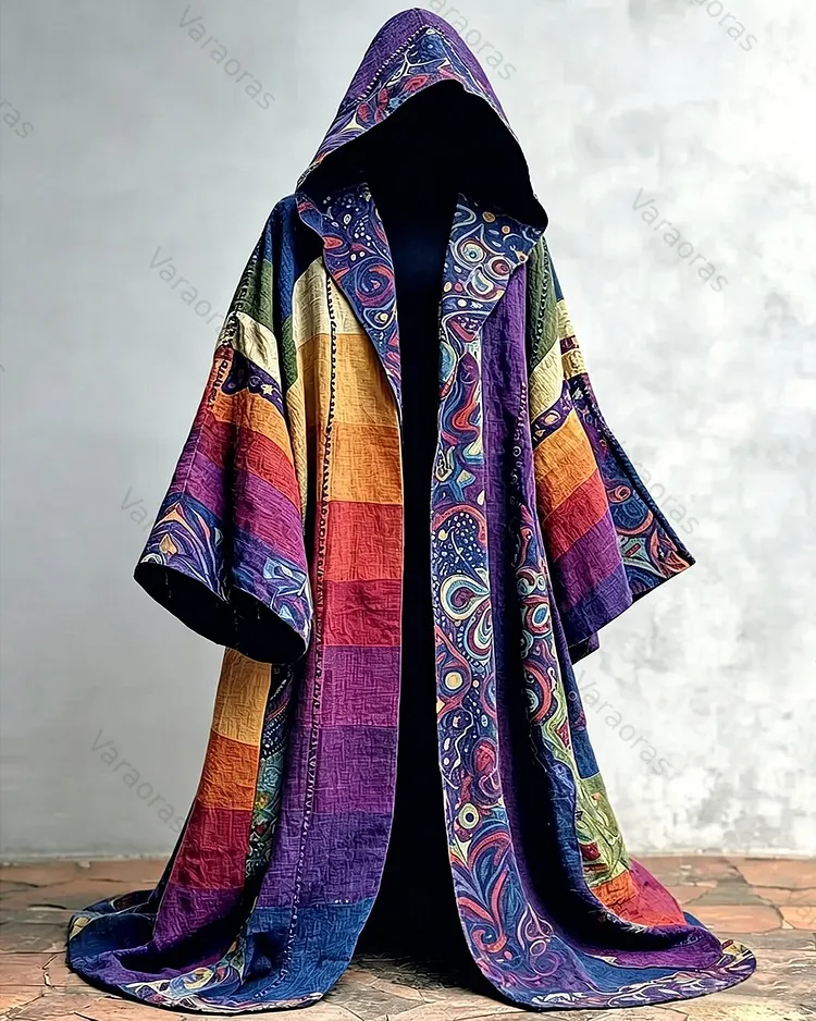 Men's Summer Fashion Boho-Style Patchwork Embroidered Linen Hooded Cape 4795