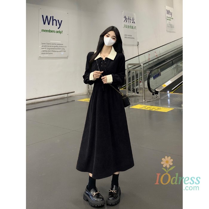 IO Dress Long Sleeve Dresses Women Chic Lace-up Design Casual Korean Fashion Corduroy Turn-down Collar Vestidos Autumn Ins Popular Trendy