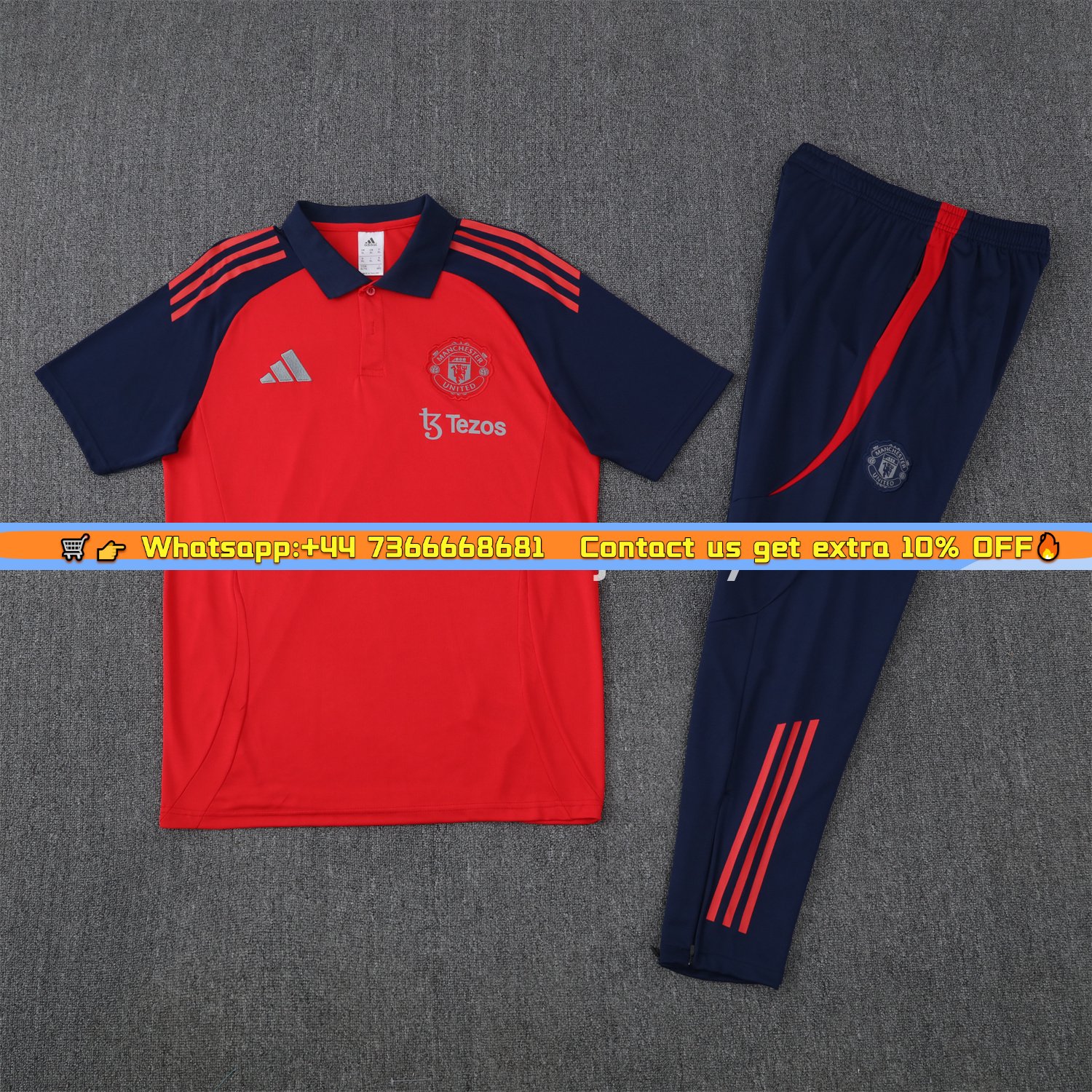 Manchester United 25-26 POLO Short-Sleeve Training Set - Red Top and Deep Blue Pants