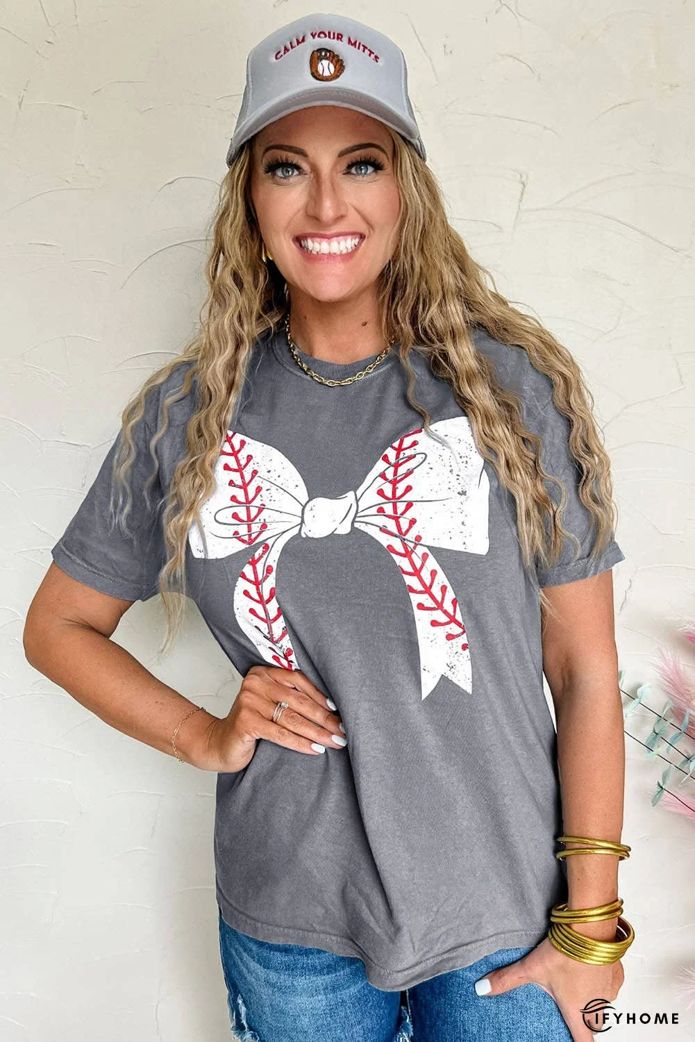 Black Baseball Bowknot Graphic Roll Up Sleeve Tee | IFYHOME