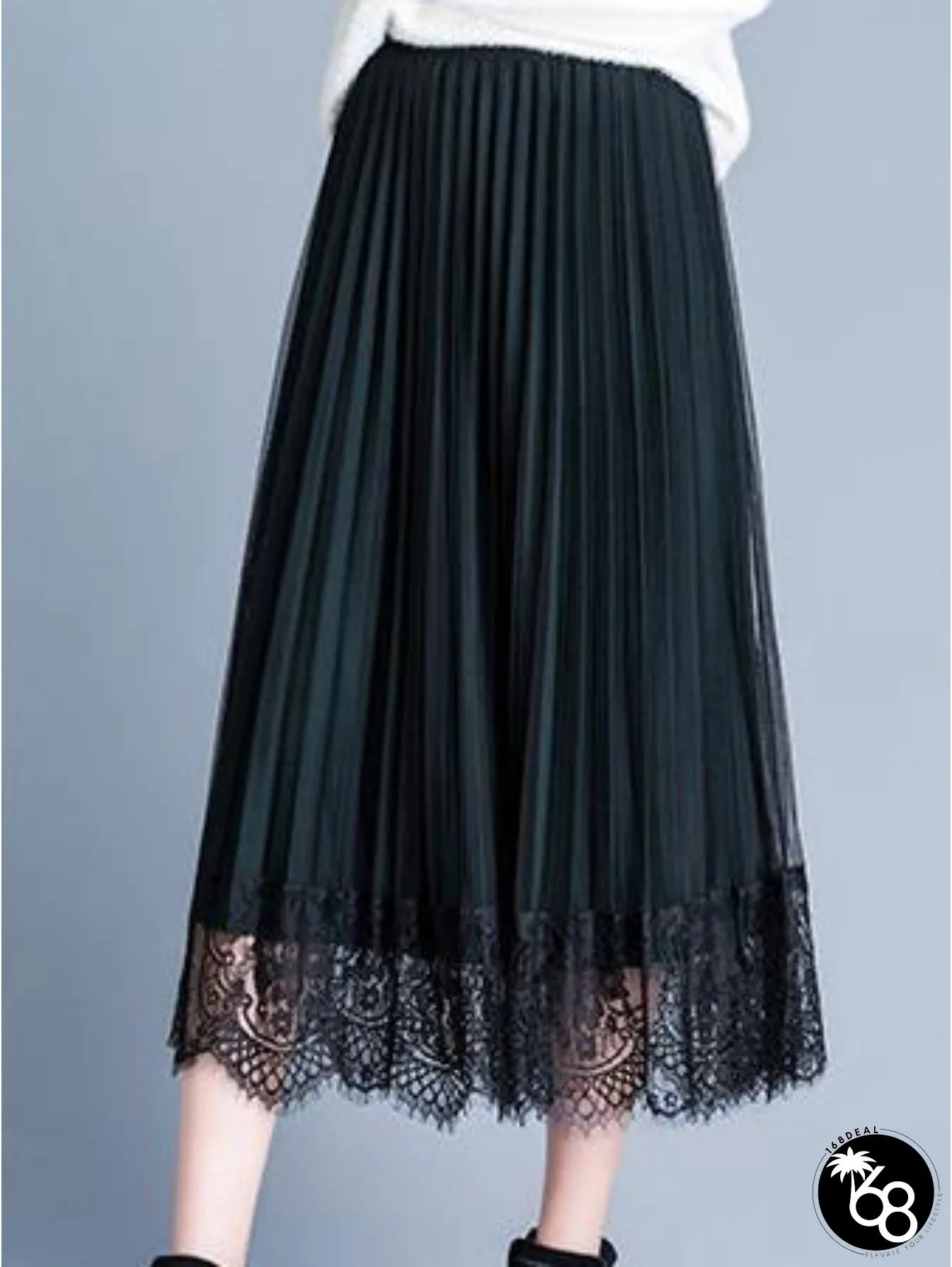 Womens Elegant A-Line Skirt with Lace Detail Black Loosen Fit Midi-Length High Waist | 168DEAL