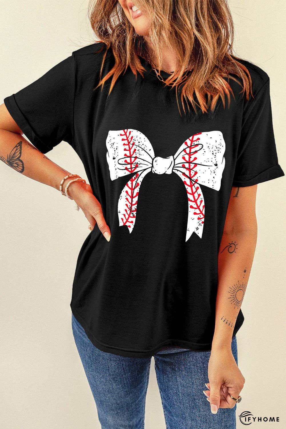 Black Baseball Bowknot Graphic Roll Up Sleeve Tee | IFYHOME