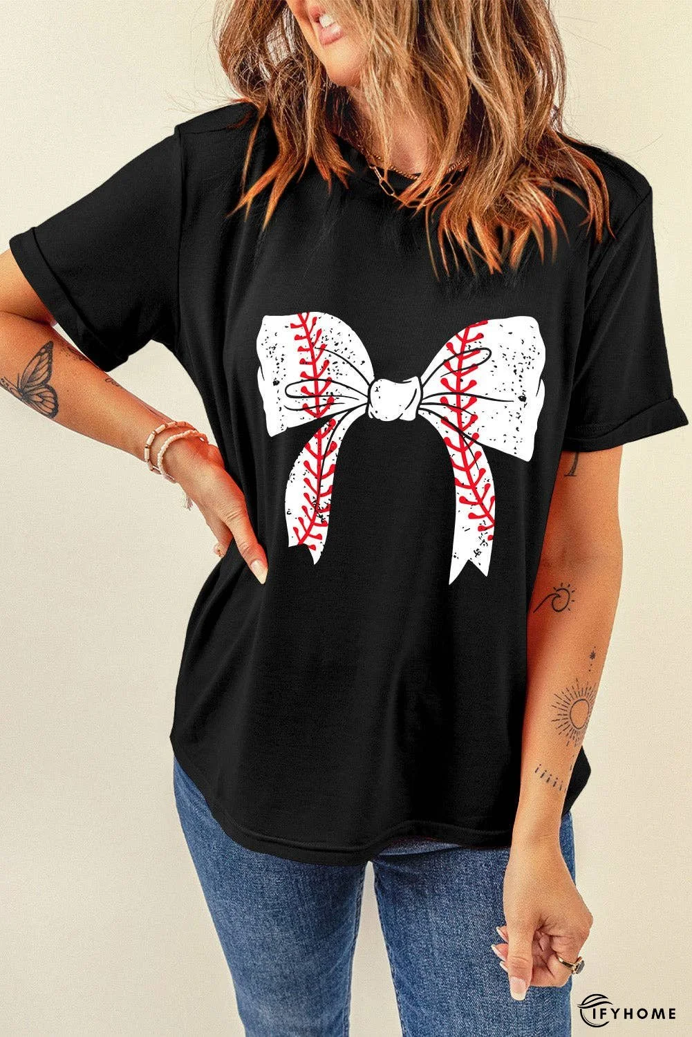 Black Baseball Bowknot Graphic Roll Up Sleeve Tee | IFYHOME