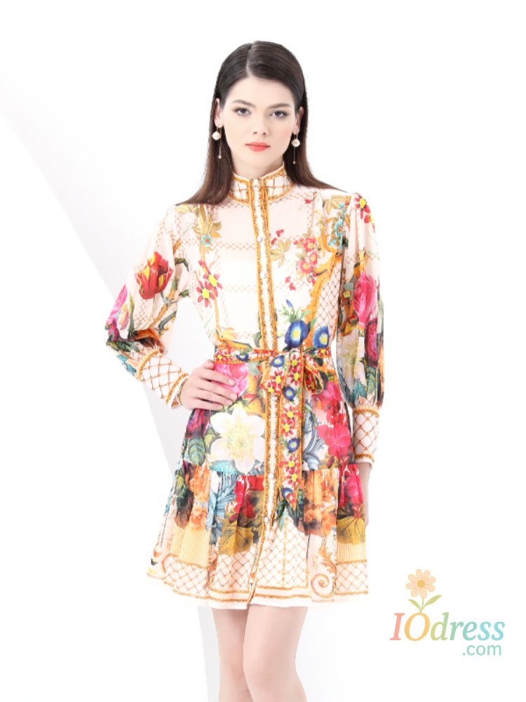 IO Dress 2025 New Spring Summer Vintage Print Loose Dress Women's Stand Long Lantern Sleeve Single Breasted Belt Lace Up A Line Vestidos