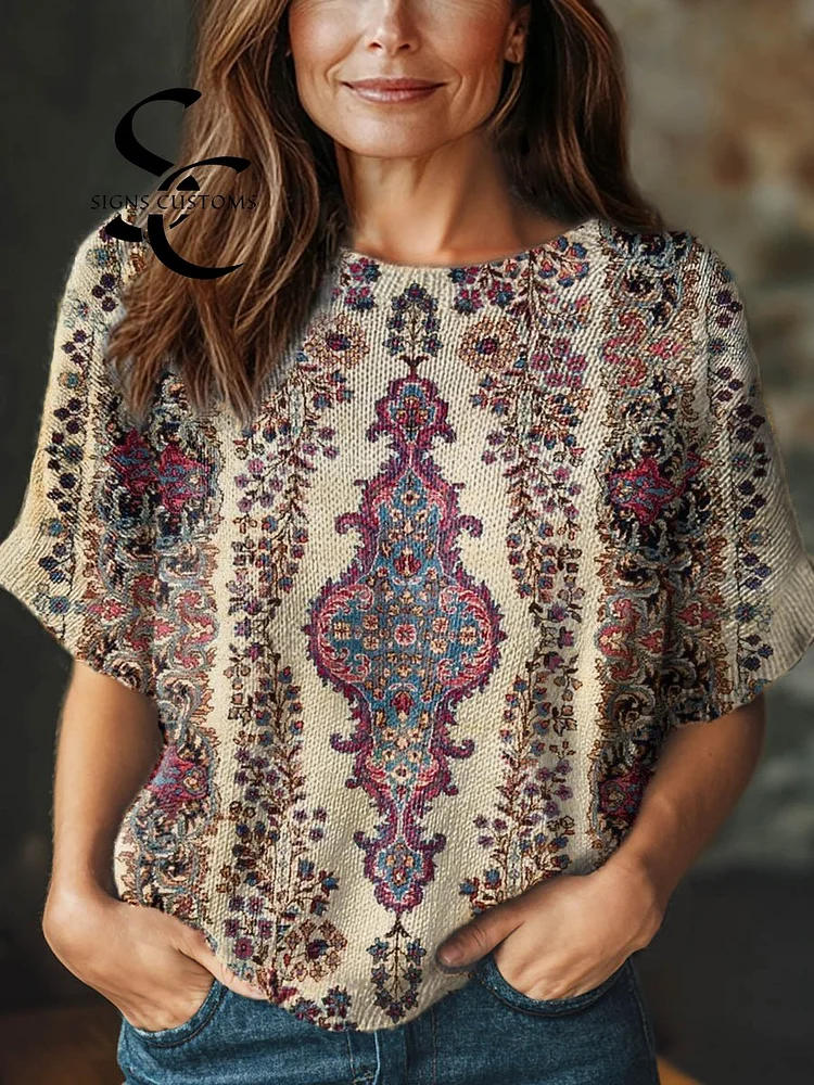 Women's Vintage Floral Art Print Casual Crew Neck Short Sleeve Knitted Sweater