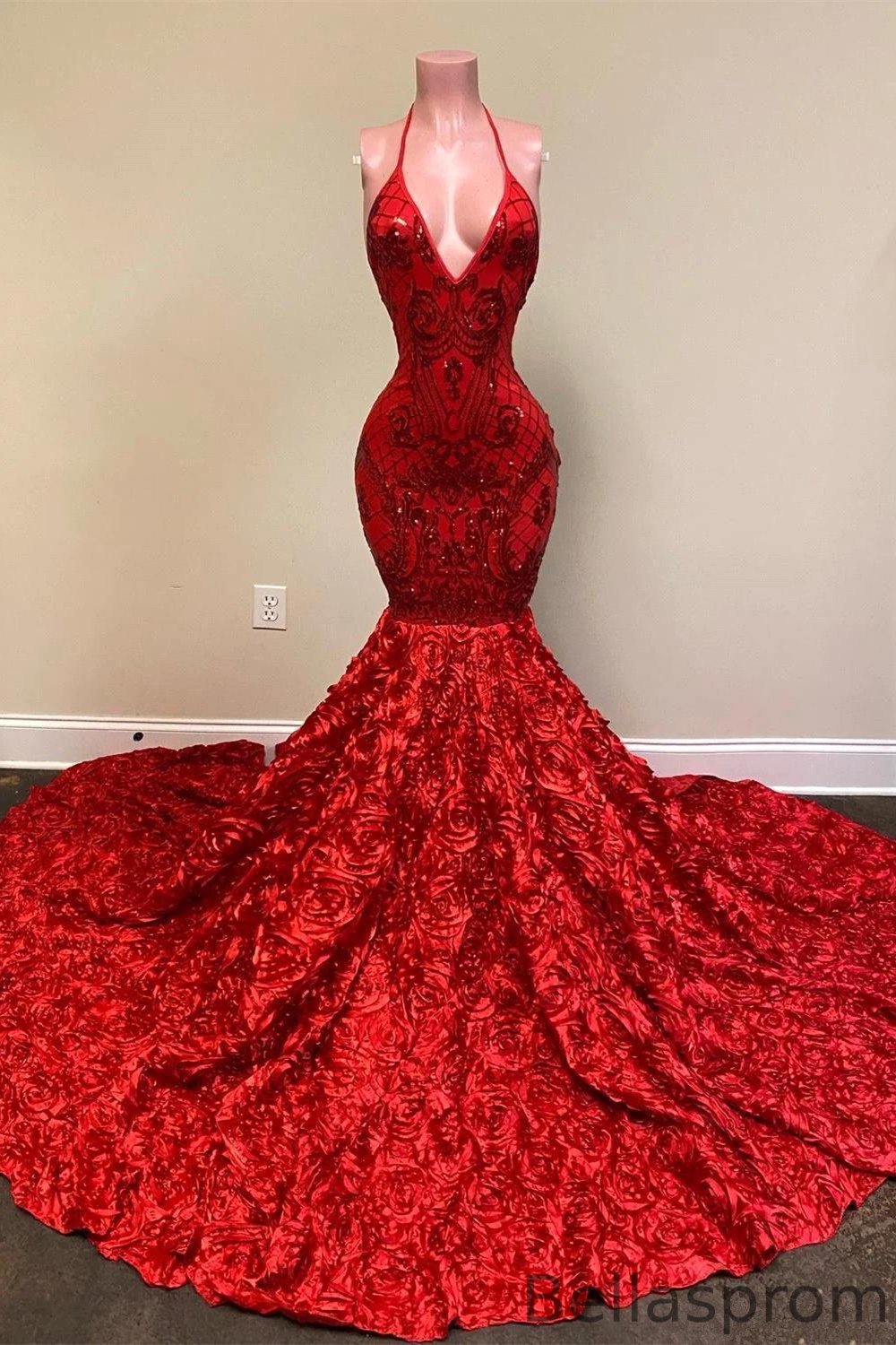 Bellasprom Red Prom Dress Mermaid Sequins Flowers Bottom Spaghetti-Straps Bellasprom