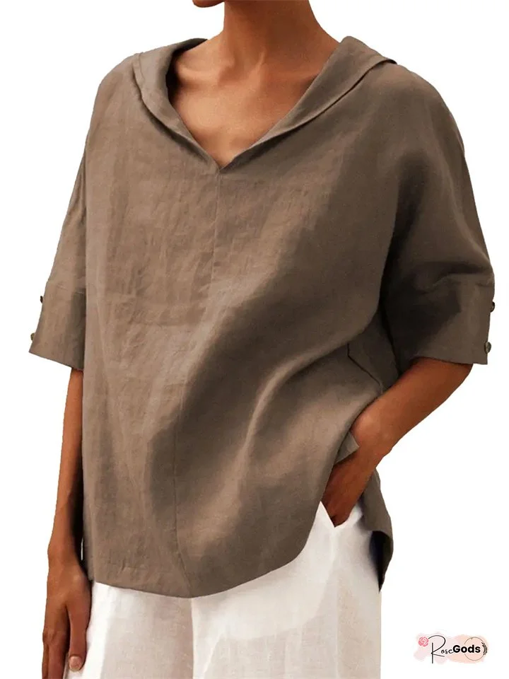 New Women's Solid Color Cotton Linen Loose Hooded Top Solid Color Casual T-shirt