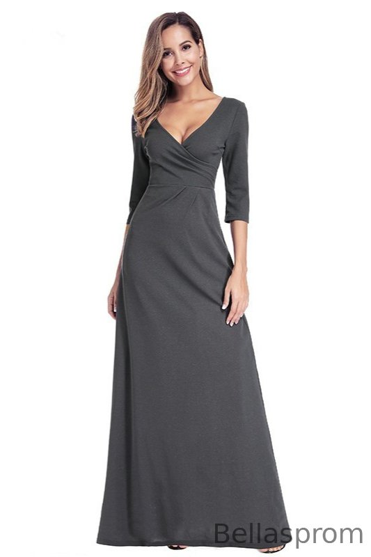 Bellasprom Dark Grey Half Sleeve Long Evening Prom Dress Online V-Neck Bellasprom