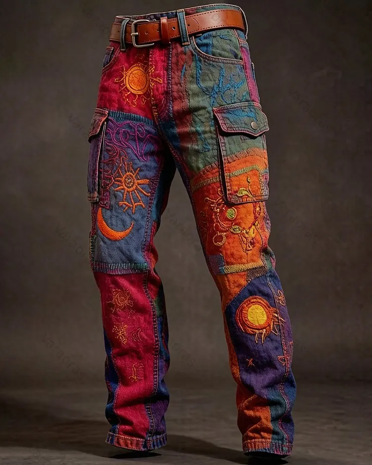 Men's Summer Outdoor Fashion Star Embroidery Color Block Pants  4524