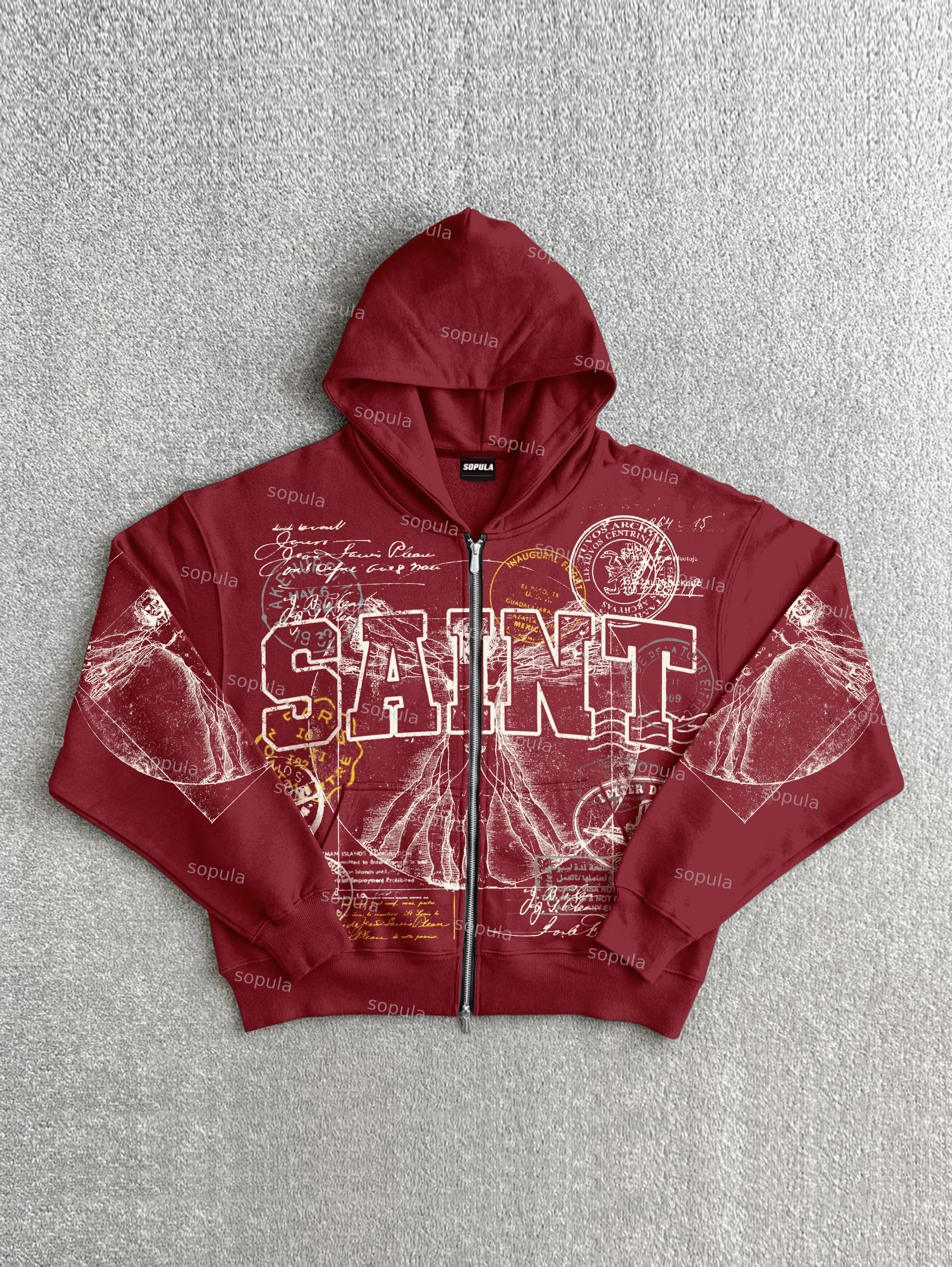 Saints Stamp Collage Vitruvian Man Vintage Art Graphic Zippered Hoodie