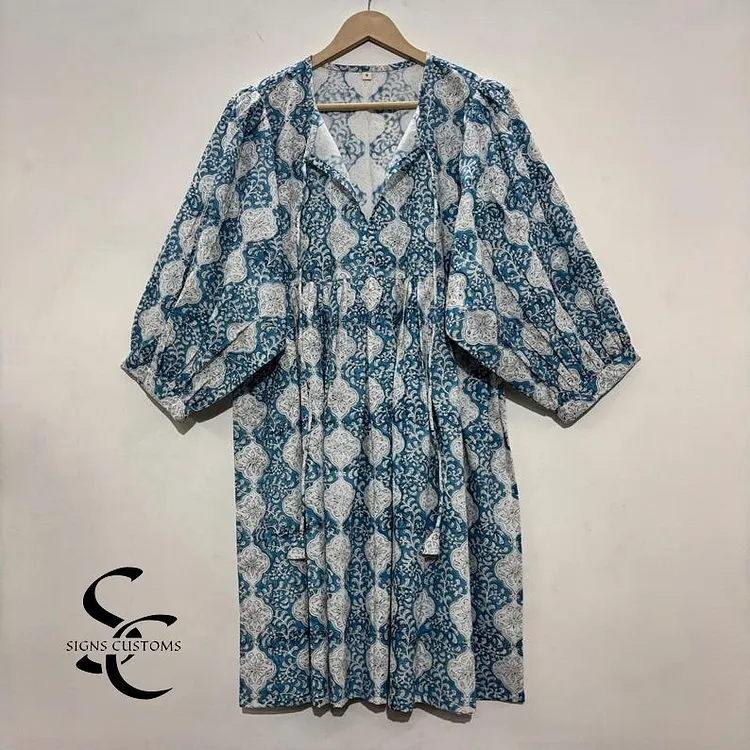 Blue Block Print Soft Cotton Woman Midi Dress &ndash; Summer Tunic for Women with String Closure