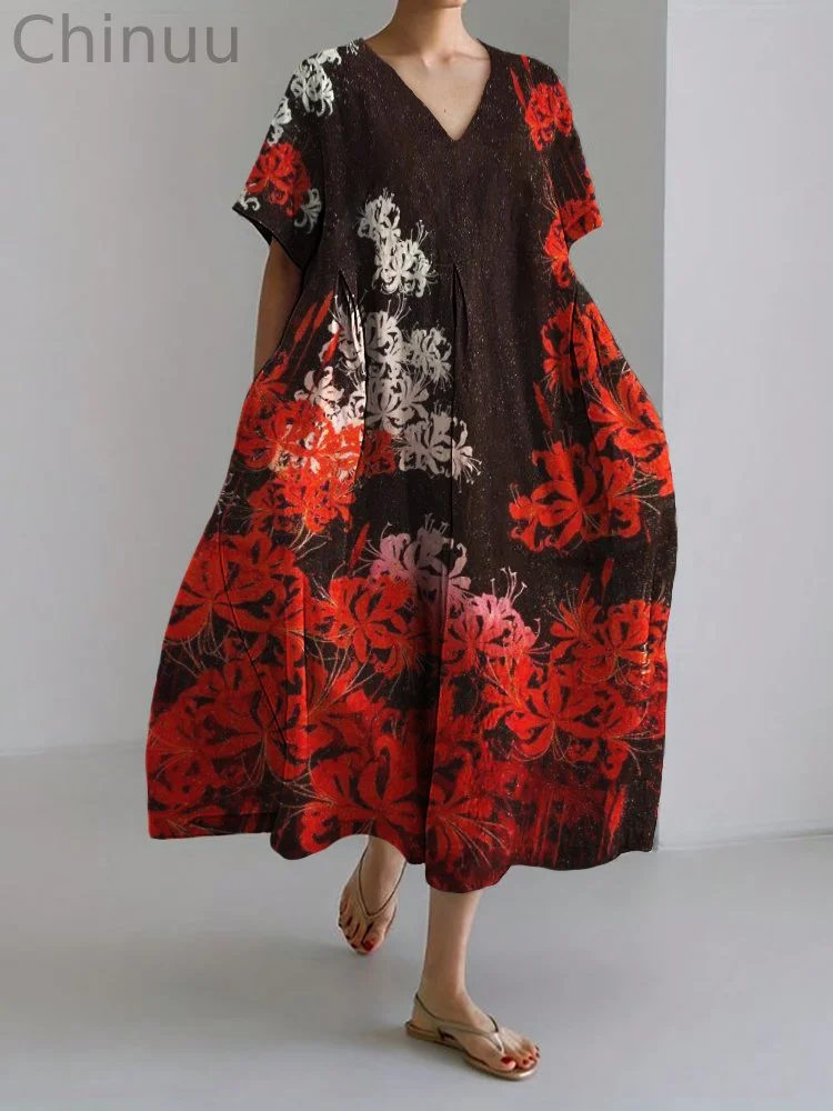 Spider Lily Japanese Art Linen Blend Maxi Dress