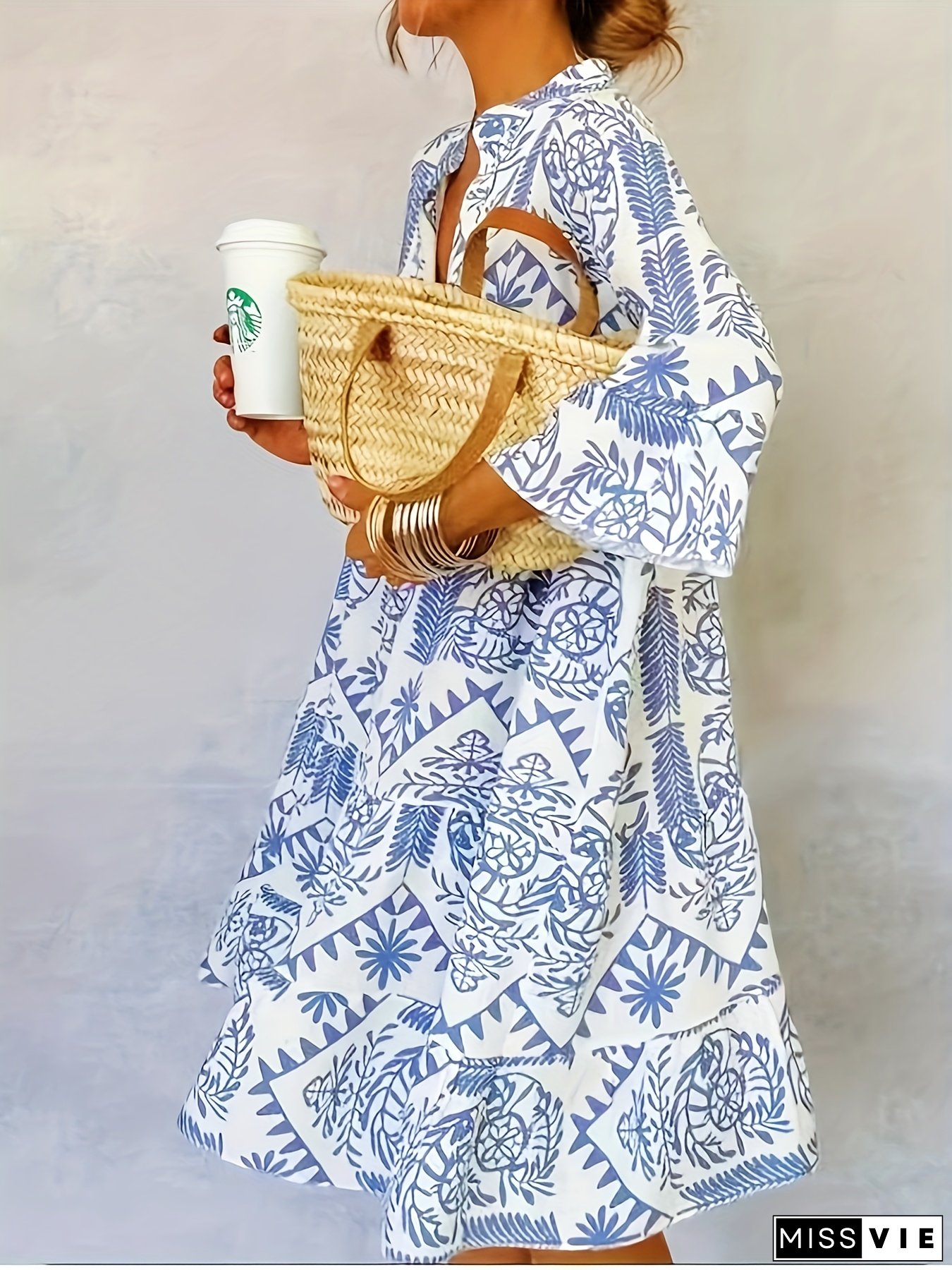 New Fashionable Large Size Vacation Women's Loose Slimming Casual Seven-Sleeve Shirt Dress