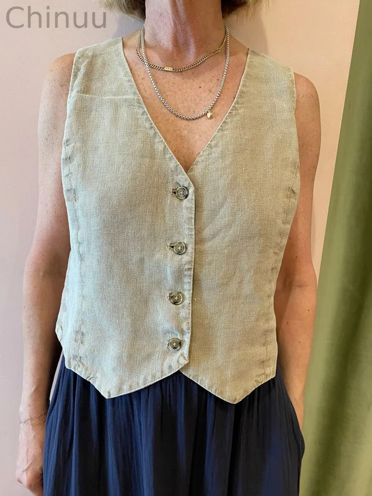 Vintage Solid Color Linen Blend Vest