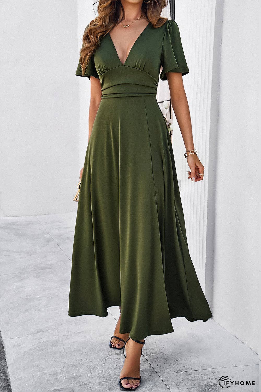 Slit V-Neck Short Sleeve Dress | IFYHOME