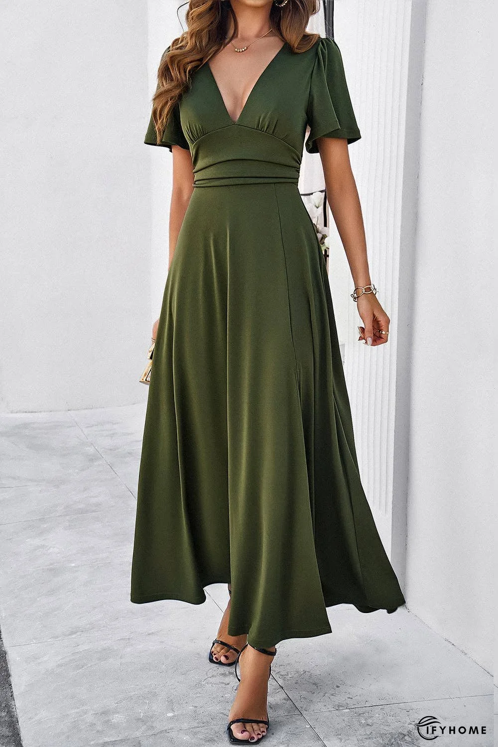 Slit V-Neck Short Sleeve Dress | IFYHOME