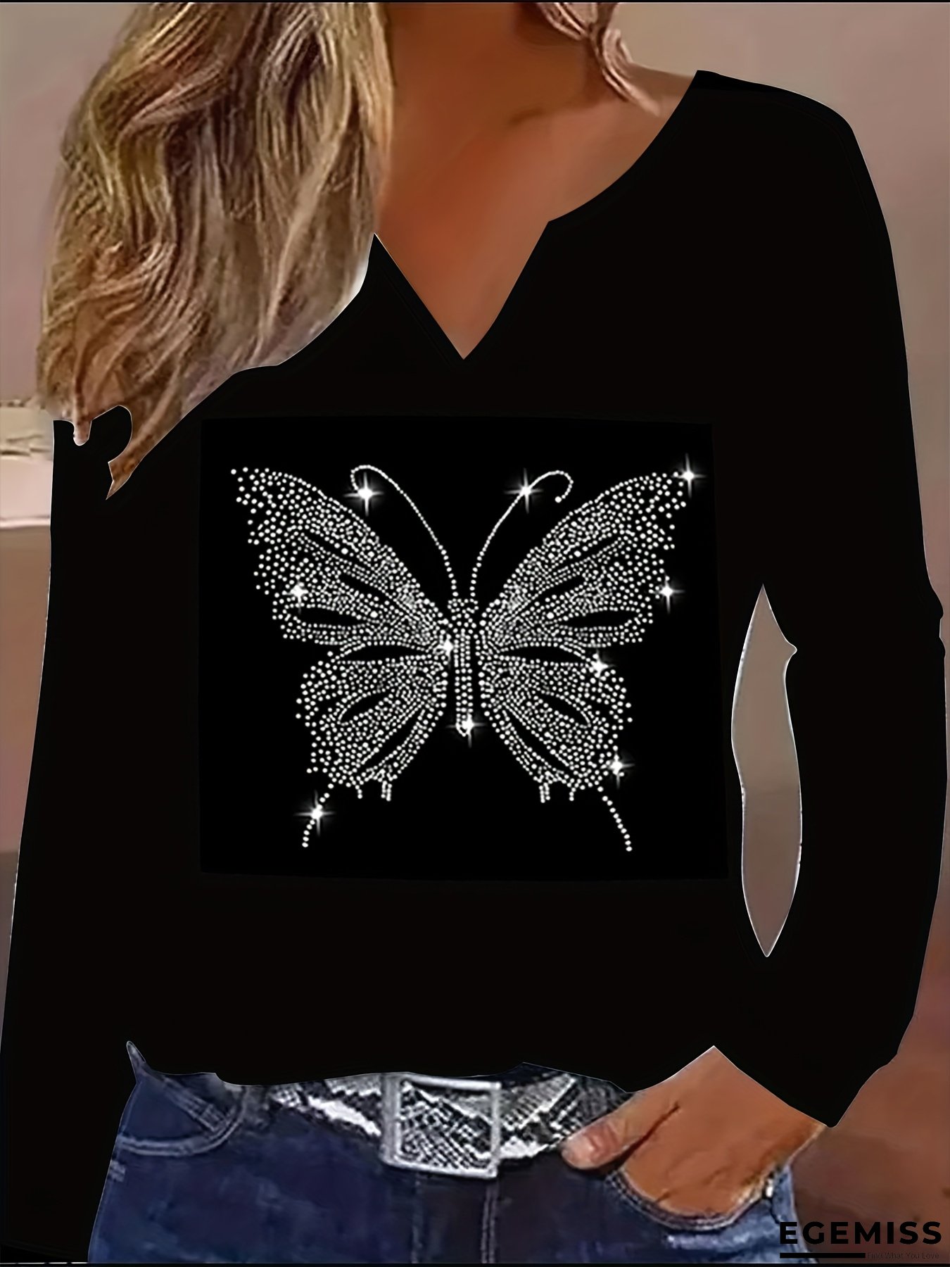 Women&lsquo;s Elegant V-Neck Long Sleeve T-Shirt - Formal Party & Everyday Chic Top with Sparkling Rhinestone Butterfly, Shirt for Women, All-Season Glamorous Blouse, Special Occasion, Glamorous Design, Stylish Detailing, Statement Piece, Fashion Lovers | EGEMISS