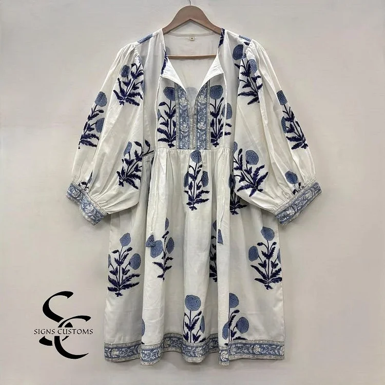 Blue Floral Block Print Woman Midi Dress &ndash; Bohemian Cotton Dress with String Closure