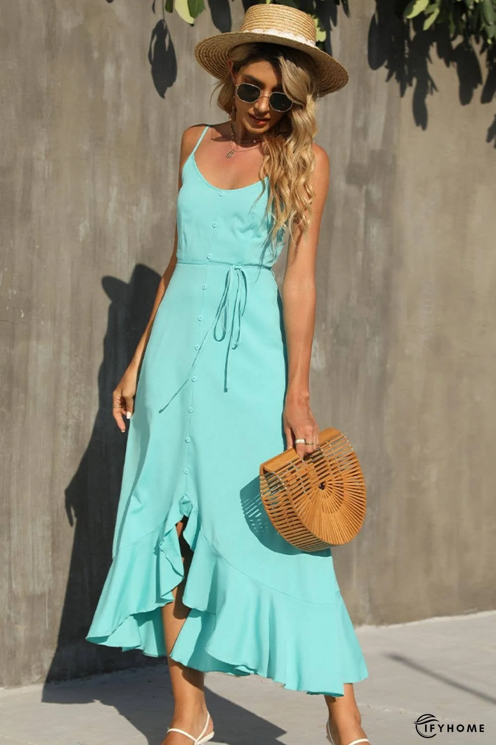 Decorative Button Spaghetti Strap Ruffle Hem Dress | IFYHOME