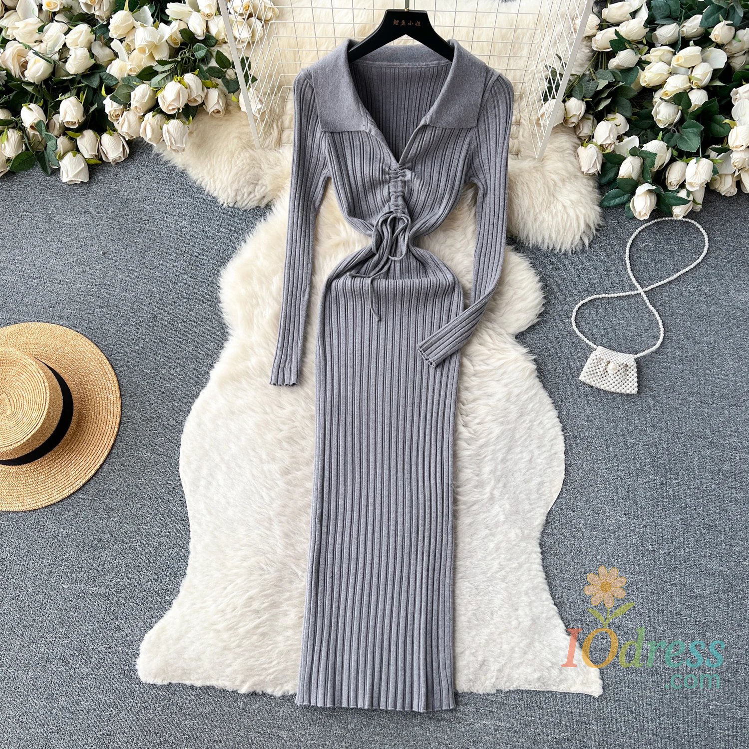 IO Dress YuooMuoo Chic Fashion Elegant Turn-down Collar Knitted Long Dress 2024 Autumn Winter Korean Fashion Ribbed Office Lady Bodycon