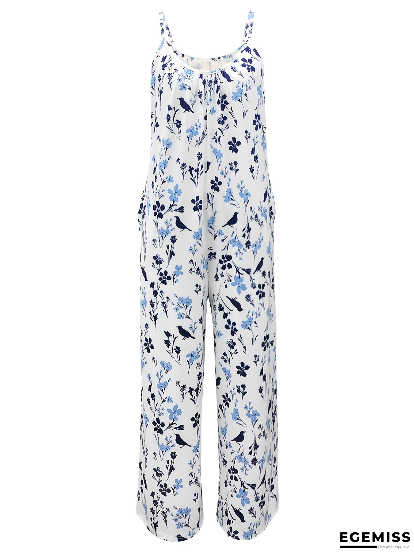 Women's Fashion Casual Sleeveless Spaghetti Strap Floral Print Jumpsuit with Pockets | EGEMISS