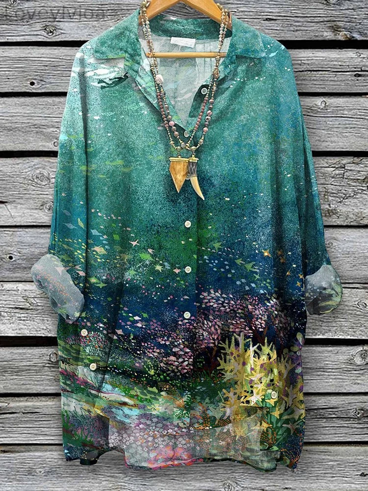 Women's Ocean Art Print Casual Cotton And Linen Shirt