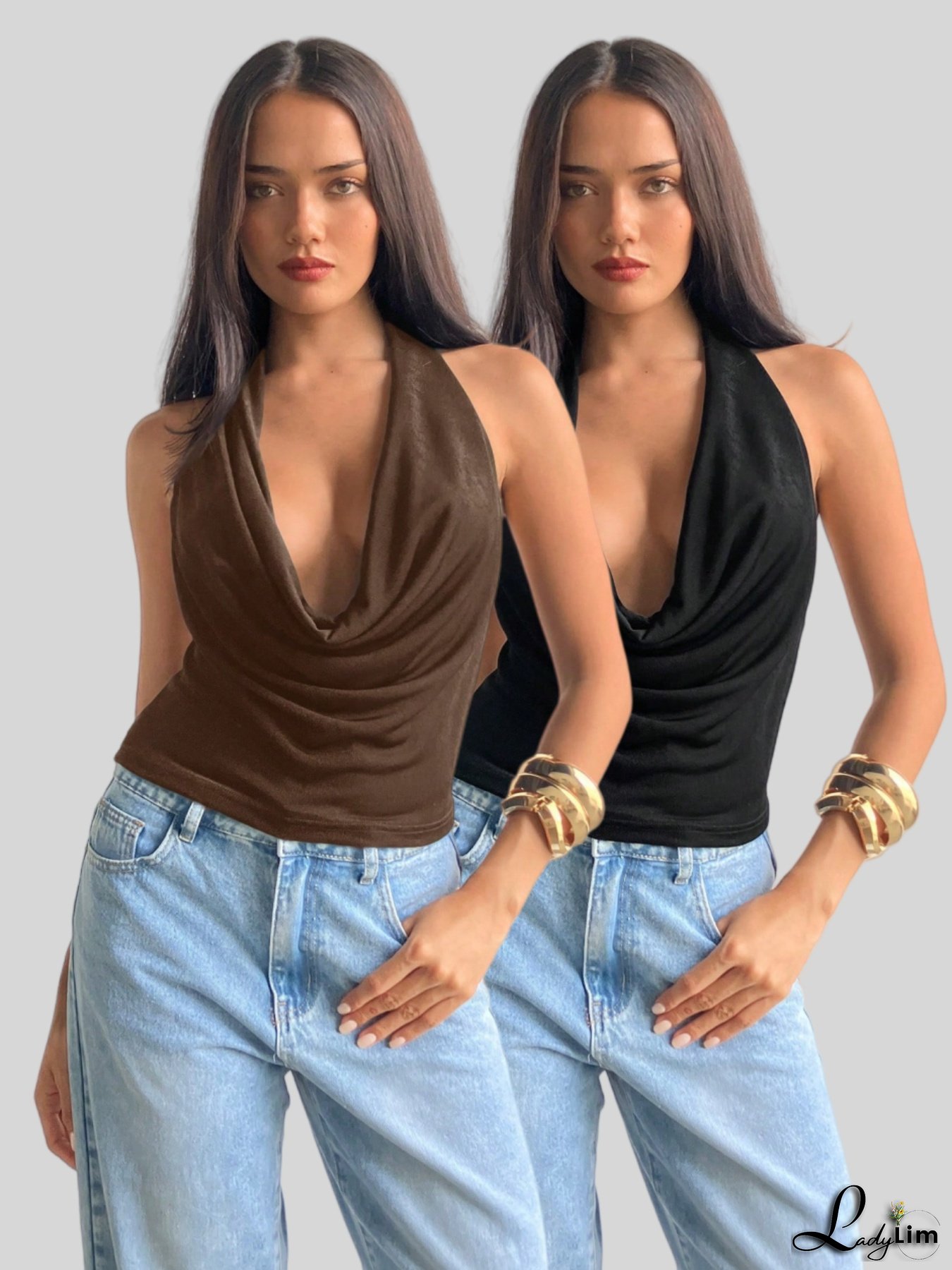 Sexy Halter Neck Backless Top Two-Piece Set - Brown & Black, Sleeveless Crop Tops With Deep V-Neck, High-Waisted Jeans, Perfect For Spring/Summer/Fall, Casual Attire|Sleek Fitted Top|Backless Design, Brown Vest Top, Elegant Blouse For Women