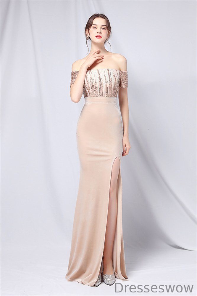 Dresseswow Off-the-Shoulder Sequins Mermaid Evening Dress Long Split Velvet YE0056