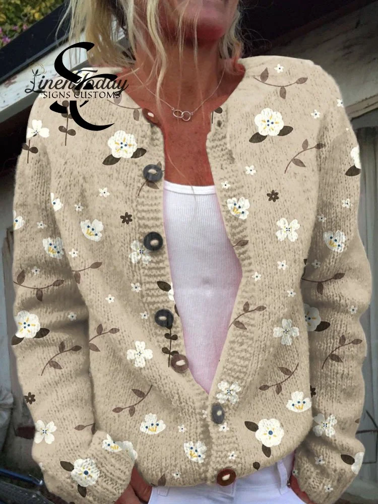 Floral  Art Print  Buttoned Cardigan Sweater