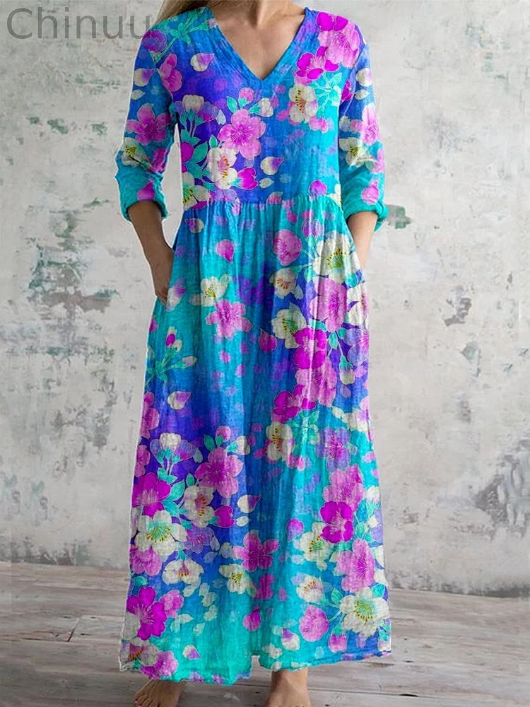 Women's Gradient Floral V-Neck Cotton Dress