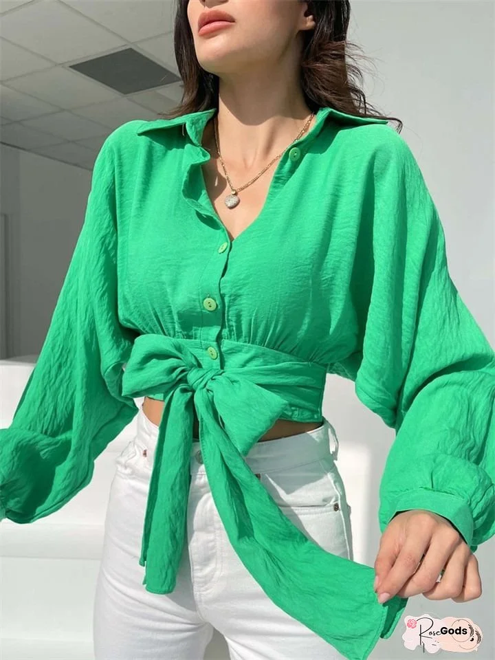 Solid Color Shirt Women's Tie Long Sleeve Cardigan Spring and Summer Navel Loose Blouse Bat Sleeve Women's Clothing