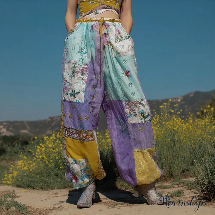 Vintage Boho Floral Patchwork Ethnic Embroidery Women's Linen Trousers