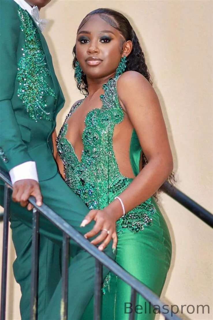 Bellasprom Dark Green Halter Sleeveless Mermaid Prom Dress With Beadings Online Same as Picture-US2