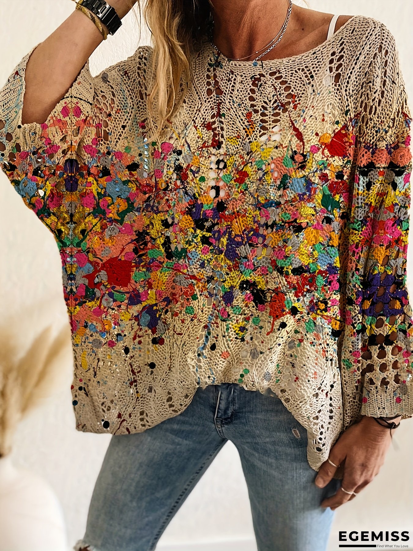 Spring-Summer-Autumn Rhombus Cutout Batwing Sleeve Loose Fit Color Block Print Long Sleeve Women's Top, Vacation Style Casual Elegant Commuter Vest, Bikini Cover-Up | EGEMISS