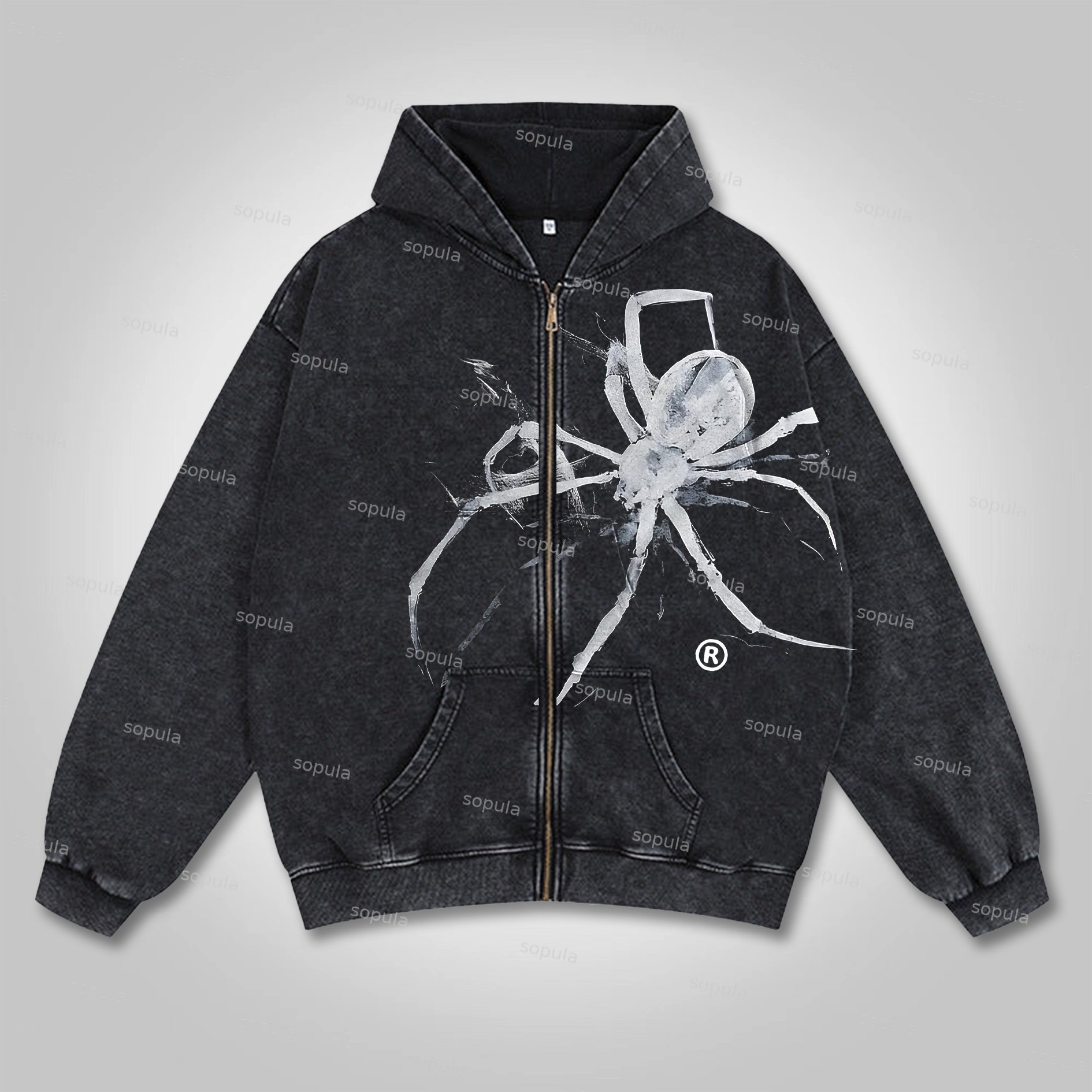 Sopula Relaxed Vintage Spider Graphic Acid Washed Oversized Zip-Up Hoodie