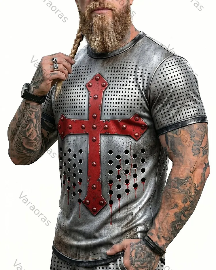 Men's Summer Viking Red Cross Print Short-Sleeve T-Shirt 1746